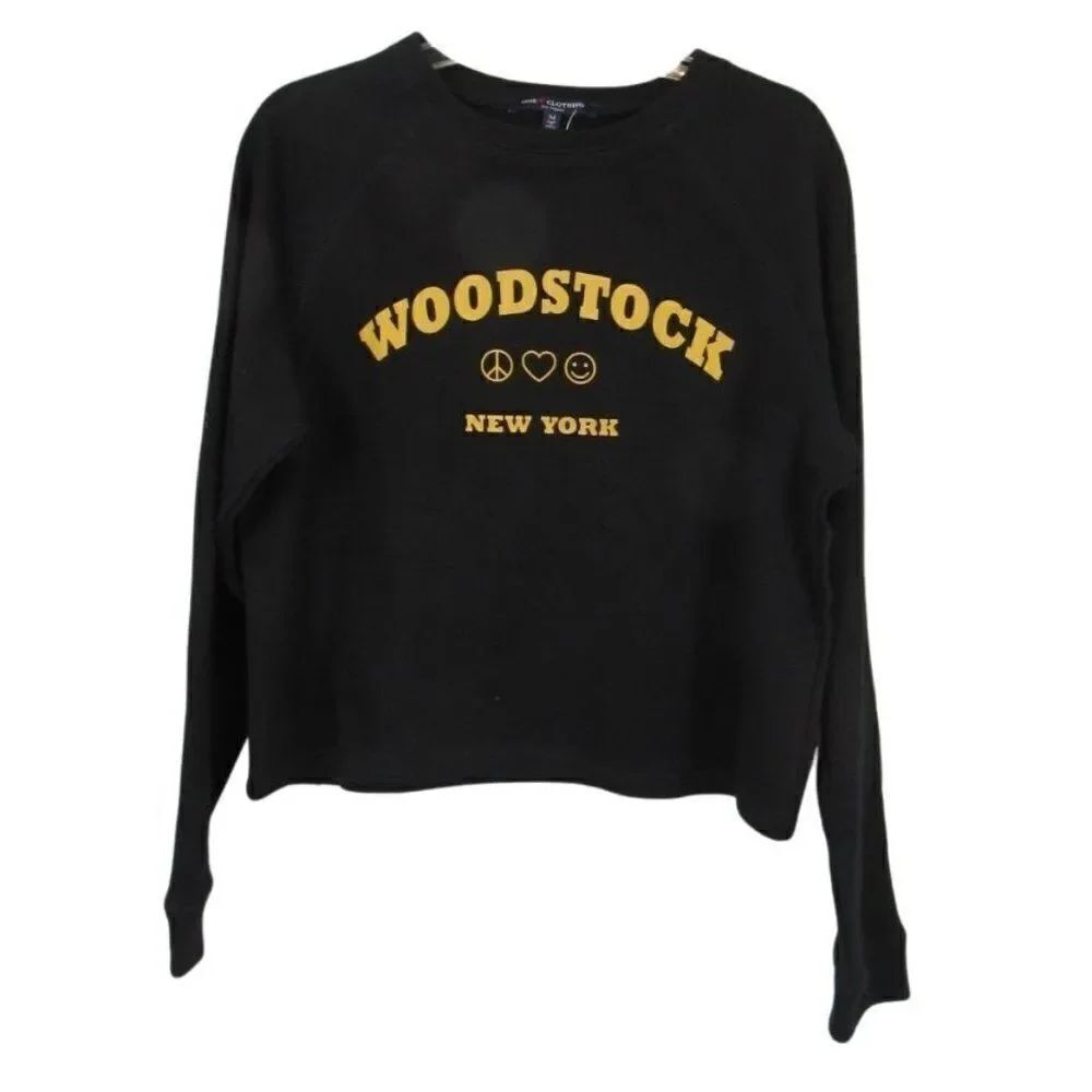 Top Cropped Sweatshirt Graphic Woodstock NY Print Black & Yellow Women's Size XS